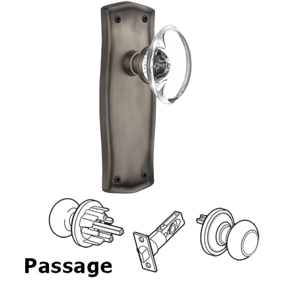 Complete Passage Set Without Keyhole - Prairie Plate with Oval Clear Crystal Knob in Antique Pewter
