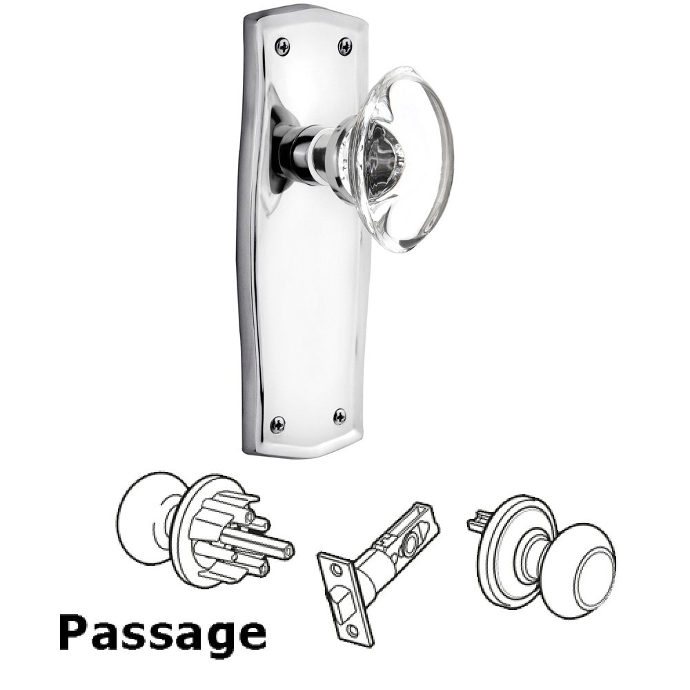 Complete Passage Set Without Keyhole - Prairie Plate with Oval Clear Crystal Knob in Bright Chrome