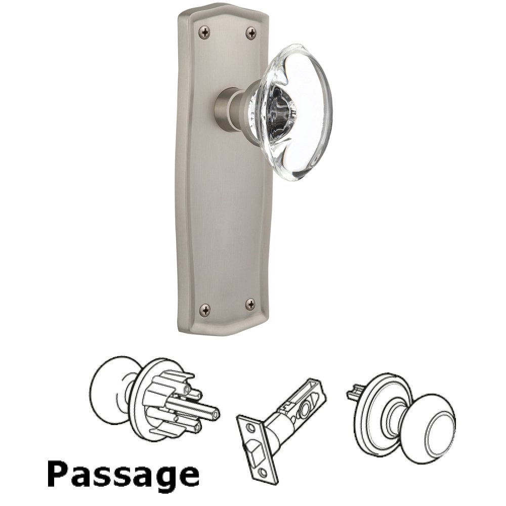 Complete Passage Set Without Keyhole - Prairie Plate with Oval Clear Crystal Knob in Satin Nickel