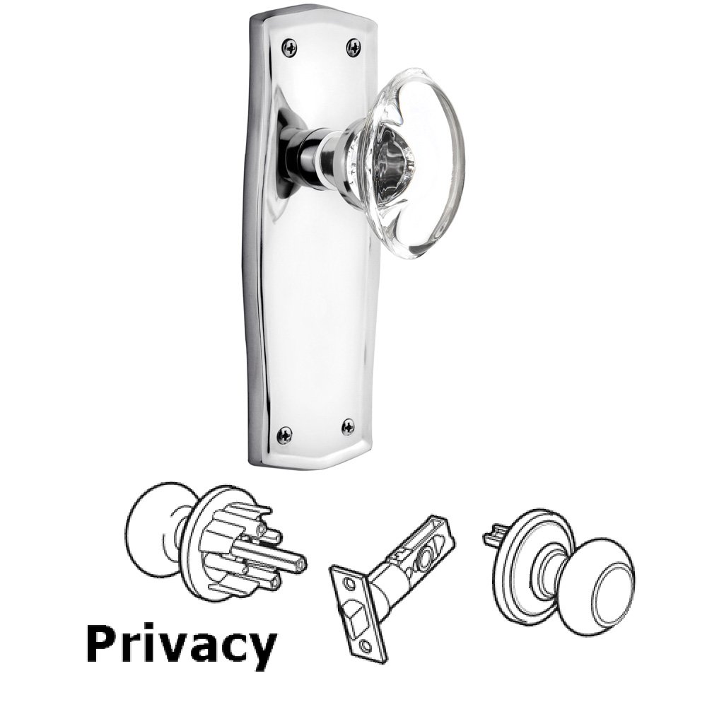 Complete Privacy Set Without Keyhole - Prairie Plate with Oval Clear Crystal Knob in Bright Chrome