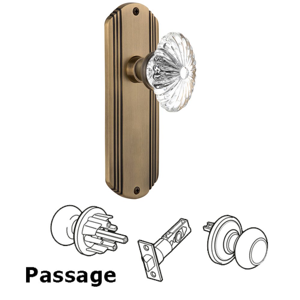 Complete Passage Set Without Keyhole - Deco Plate with Oval Fluted Crystal Knob in Antique Brass