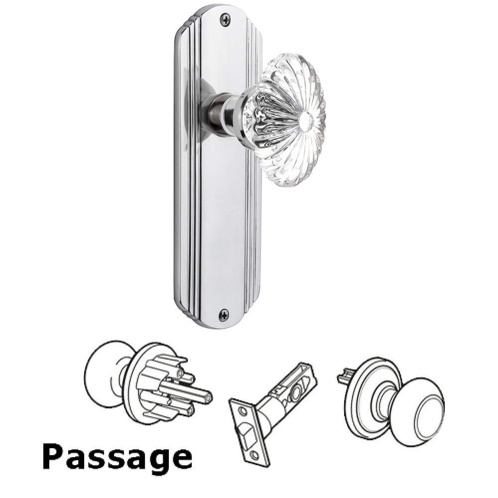 Passage Deco Plate with Oval Fluted Crystal Glass Door Knob in Bright Chrome