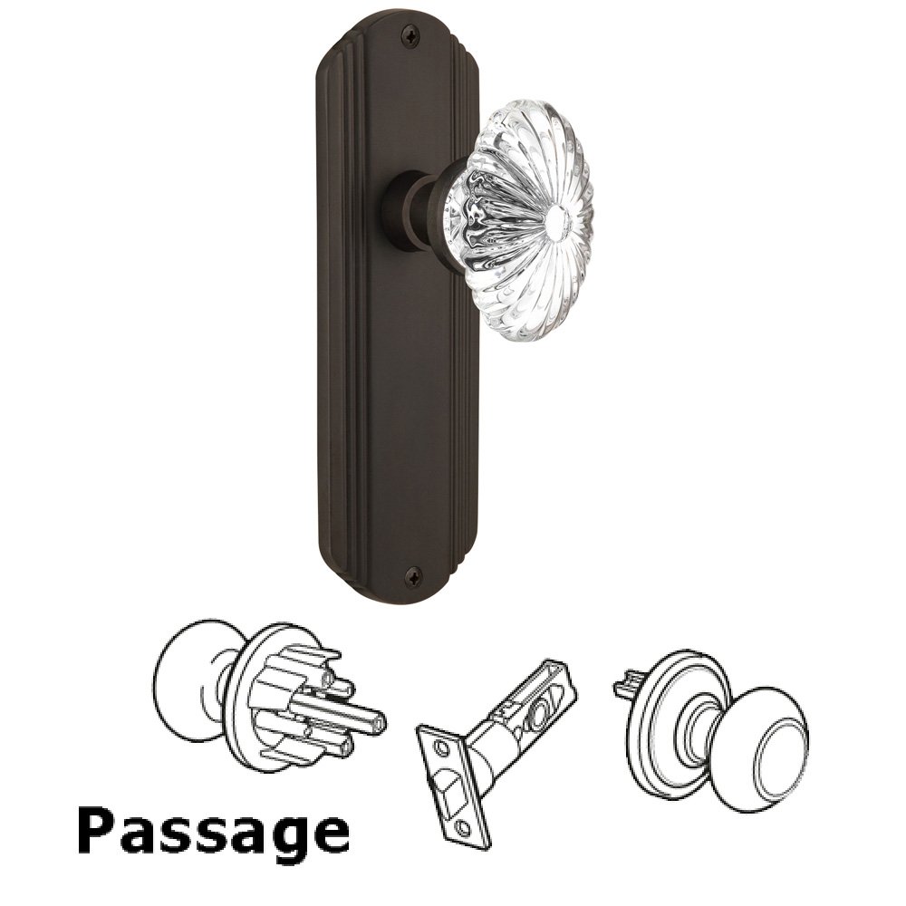 Complete Passage Set Without Keyhole - Deco Plate with Oval Fluted Crystal Knob in Oil Rubbed Bronze