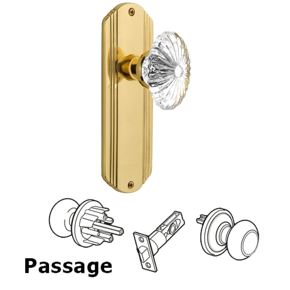 Complete Passage Set Without Keyhole - Deco Plate with Oval Fluted Crystal Knob in Polished Brass