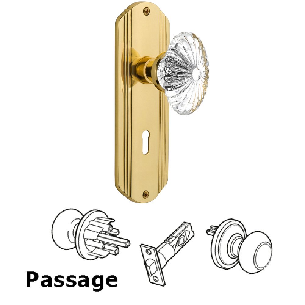 Passage Deco Plate with Keyhole and Oval Fluted Crystal Glass Door Knob in Unlacquered Brass