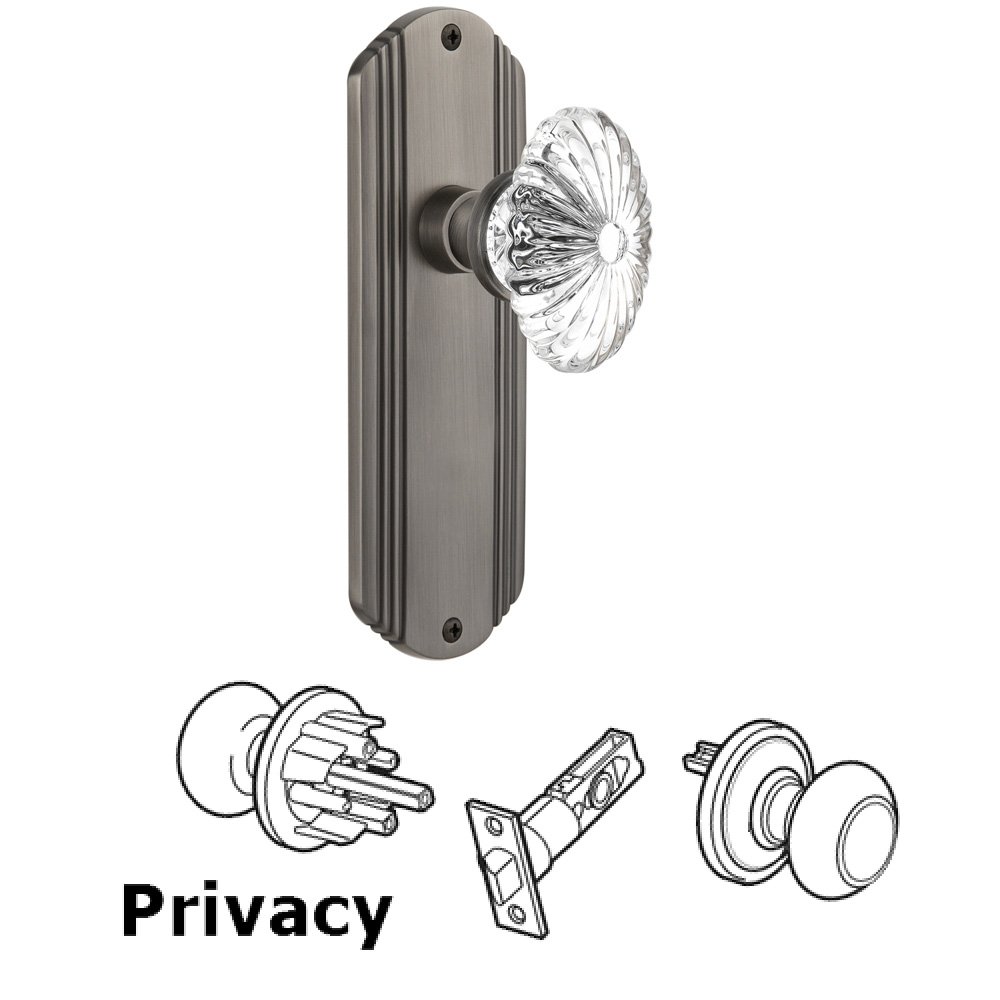 Complete Privacy Set Without Keyhole - Deco Plate with Oval Fluted Crystal Knob in Antique Pewter