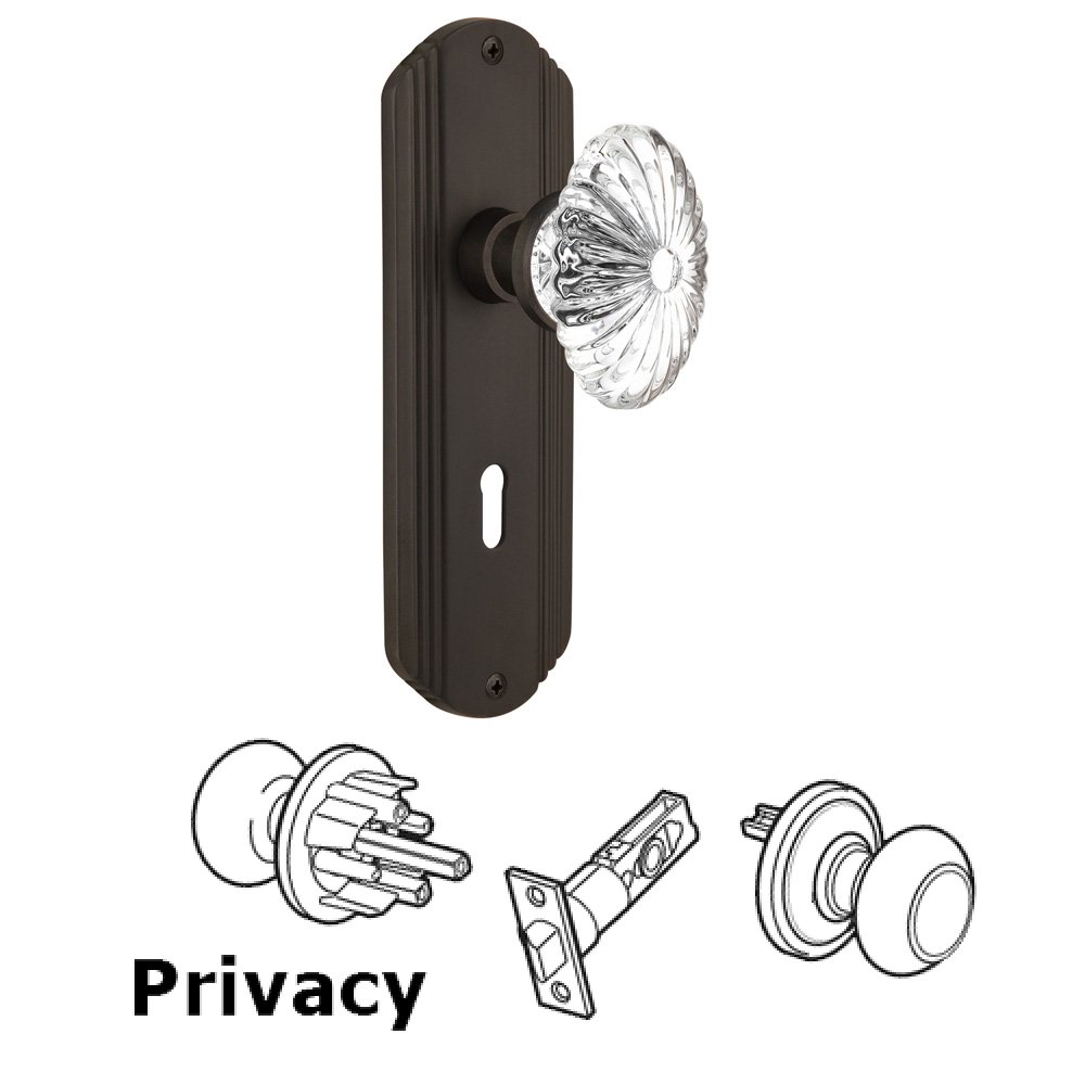 Privacy Deco Plate with Keyhole and Oval Fluted Crystal Glass Door Knob in Oil-Rubbed Bronze