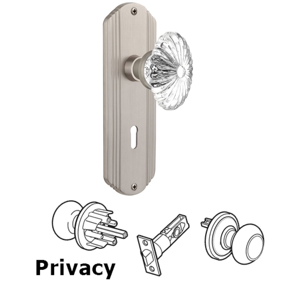 Privacy Deco Plate with Keyhole and Oval Fluted Crystal Glass Door Knob in Satin Nickel