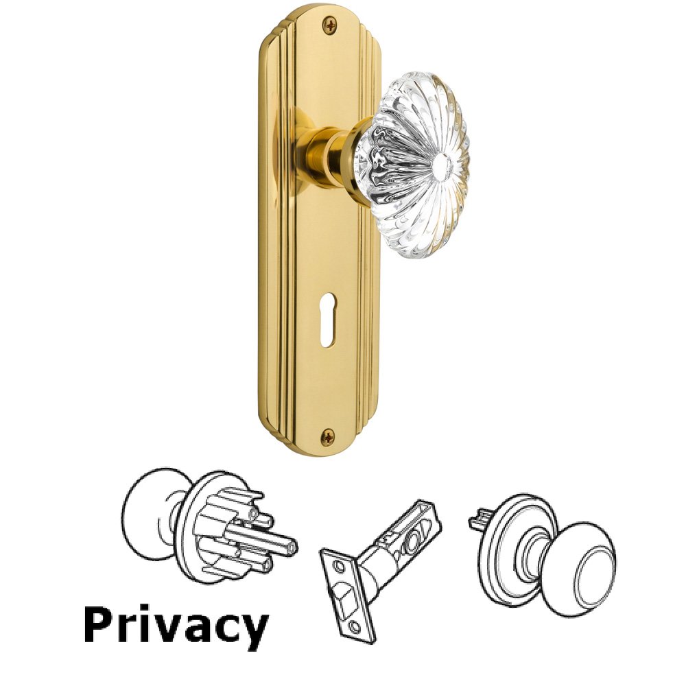 Privacy Deco Plate with Keyhole and Oval Fluted Crystal Glass Door Knob in Unlacquered Brass