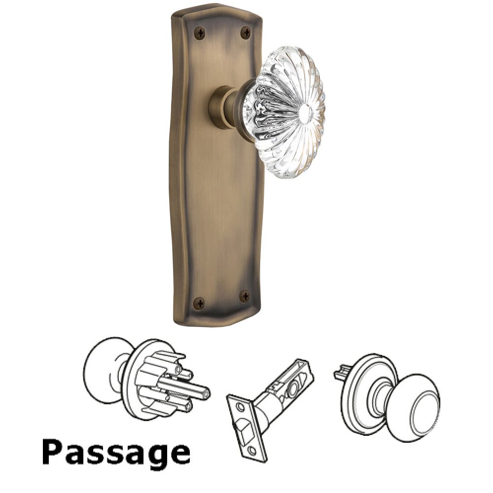 Complete Passage Set Without Keyhole - Prairie Plate with Oval Fluted Crystal Knob in Antique Brass
