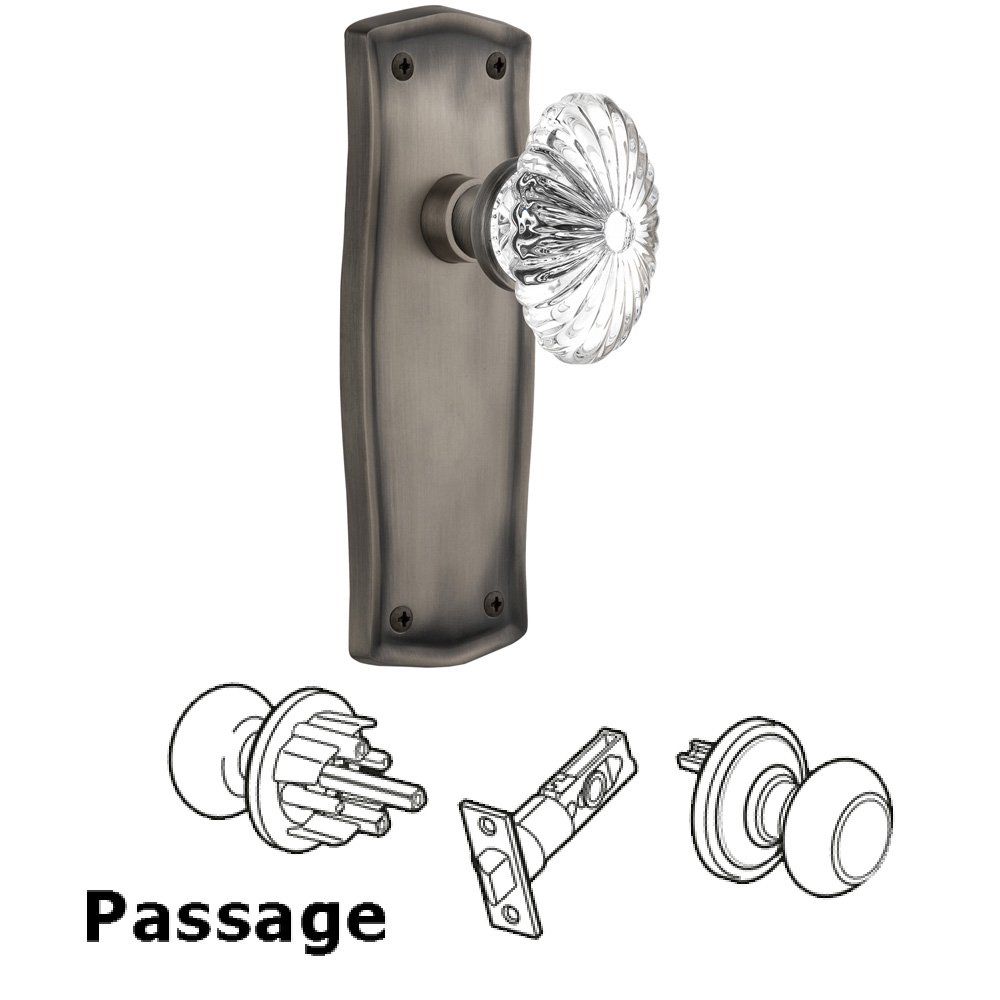 Complete Passage Set Without Keyhole - Prairie Plate with Oval Fluted Crystal Knob in Antique Pewter