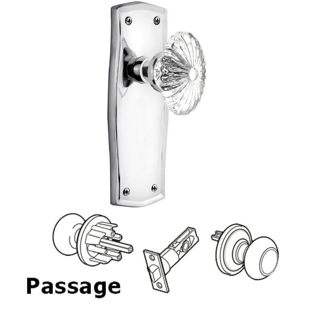 Complete Passage Set Without Keyhole - Prairie Plate with Oval Fluted Crystal Knob in Bright Chrome