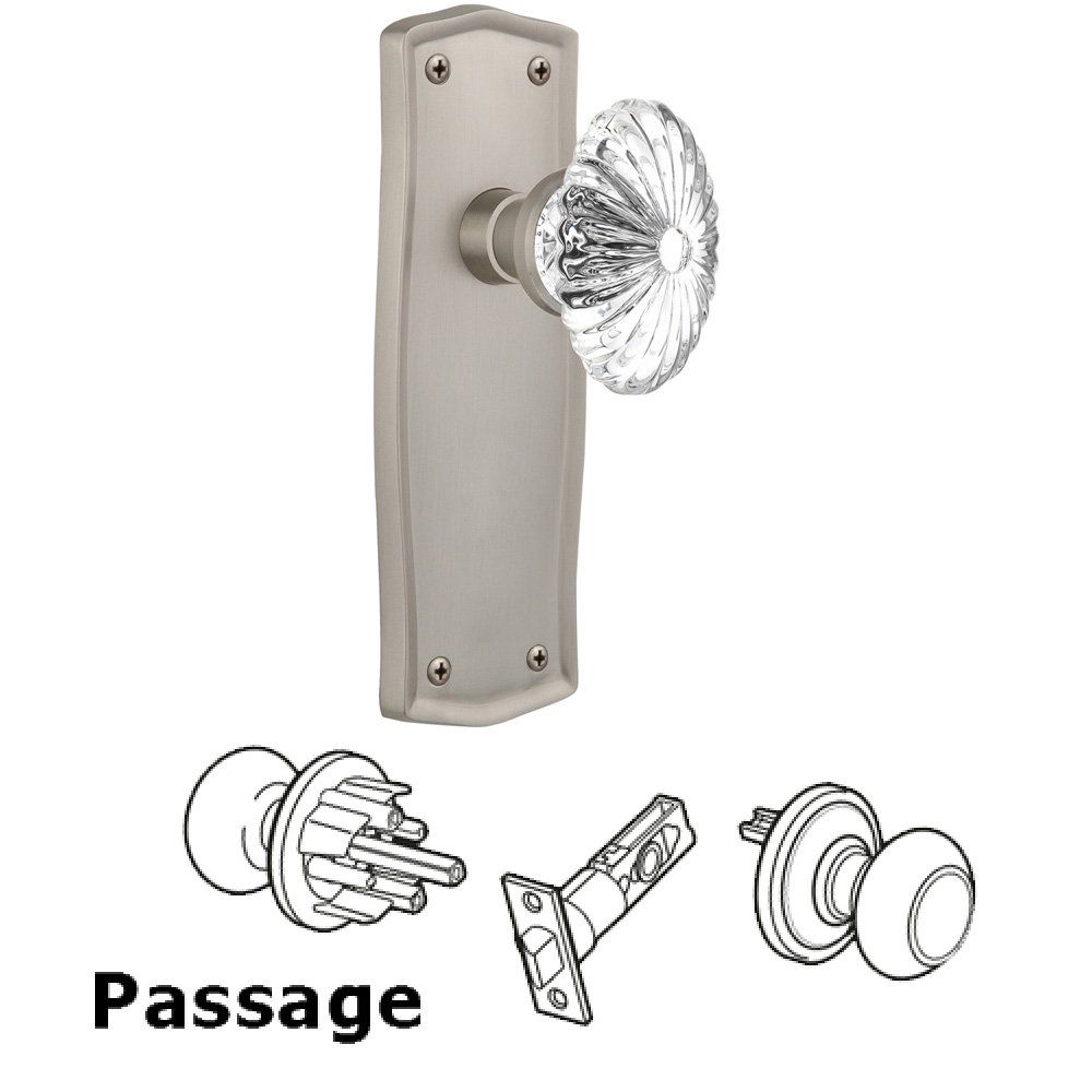 Passage Prairie Plate with Oval Fluted Crystal Glass Door Knob in Satin Nickel