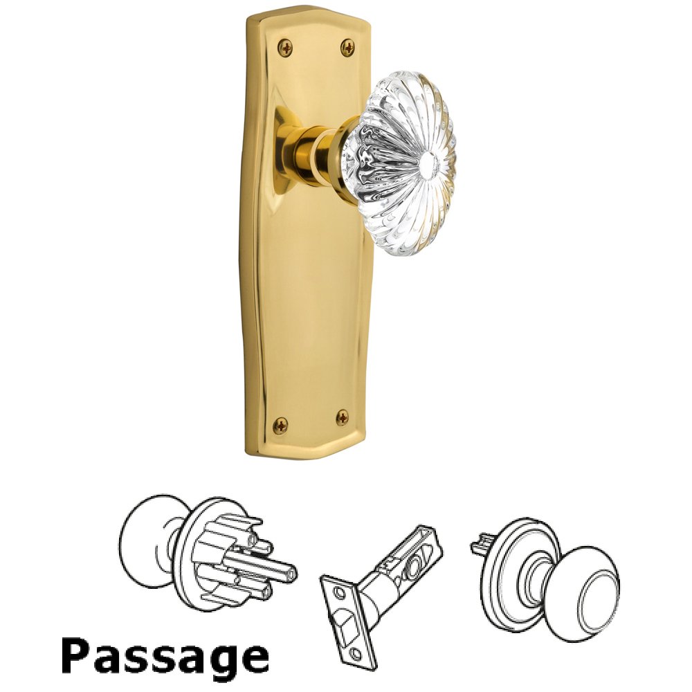 Complete Passage Set Without Keyhole - Prairie Plate with Oval Fluted Crystal Knob in Unlacquered Brass