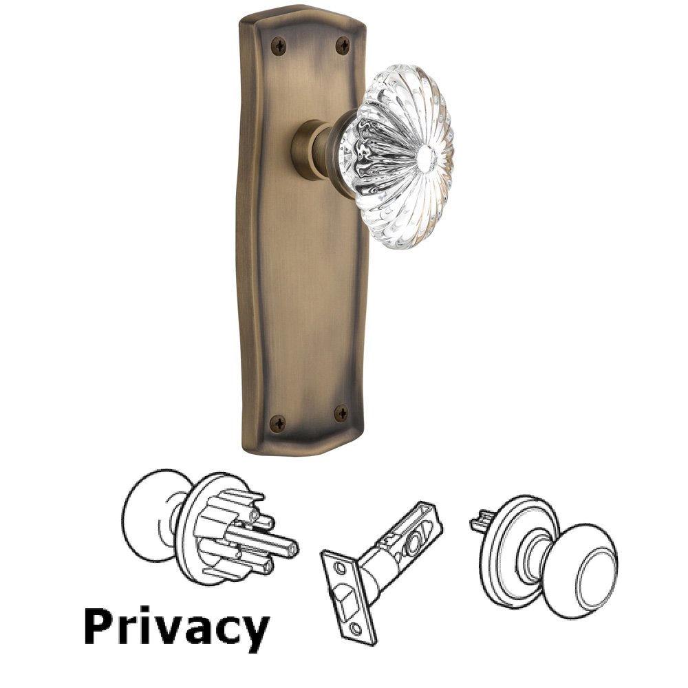Complete Privacy Set Without Keyhole - Prairie Plate with Oval Fluted Crystal Knob in Antique Brass