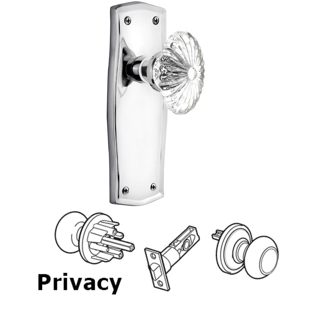 Complete Privacy Set Without Keyhole - Prairie Plate with Oval Fluted Crystal Knob in Bright Chrome