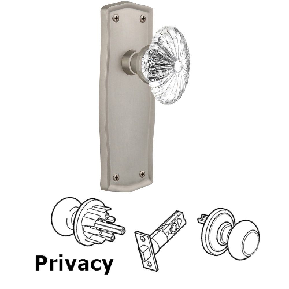Complete Privacy Set Without Keyhole - Prairie Plate with Oval Fluted Crystal Knob in Satin Nickel