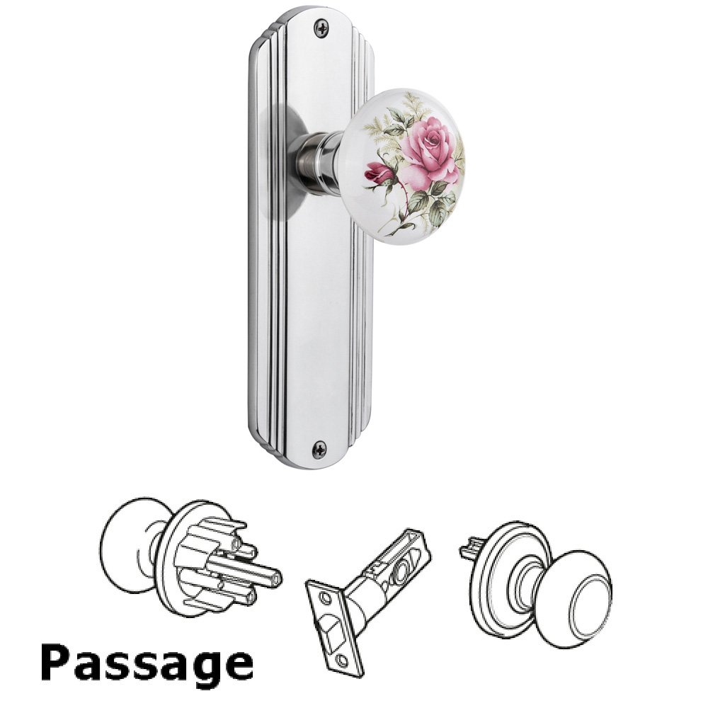 Complete Passage Set Without Keyhole - Deco Plate with Rose Porcelain Knob in Bright Chrome