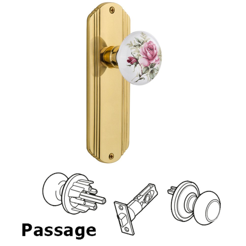 Complete Passage Set Without Keyhole - Deco Plate with Rose Porcelain Knob in Polished Brass