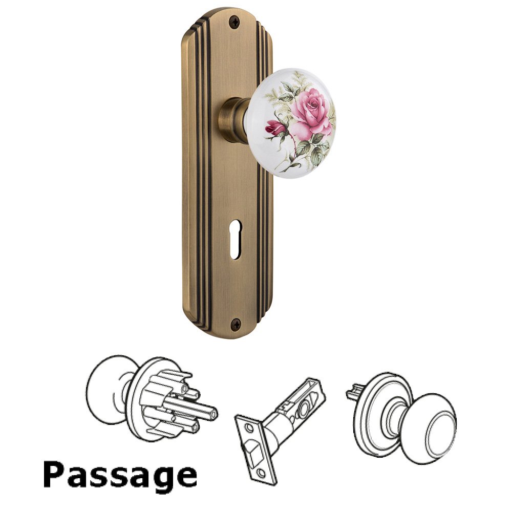 Passage Deco Plate with Keyhole and White Rose Porcelain Door Knob in Antique Brass