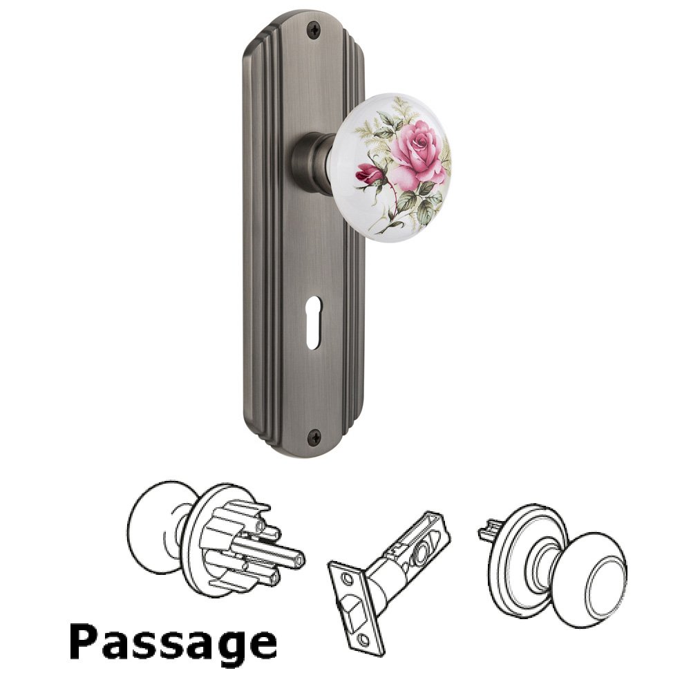 Complete Passage Set With Keyhole - Deco Plate with Rose Porcelain Knob in Antique Pewter