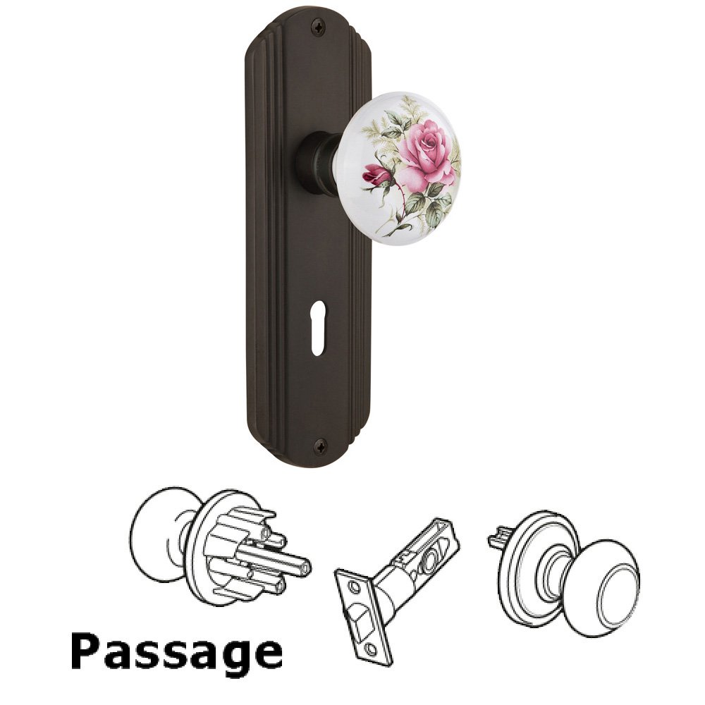 Complete Passage Set With Keyhole - Deco Plate with Rose Porcelain Knob in Oil Rubbed Bronze