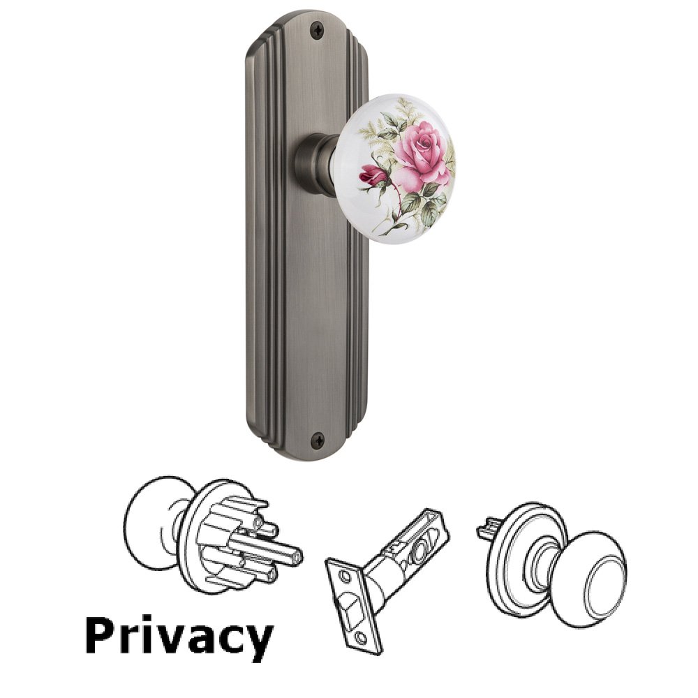 Complete Privacy Set Without Keyhole - Deco Plate with Rose Porcelain Knob in Antique Pewter