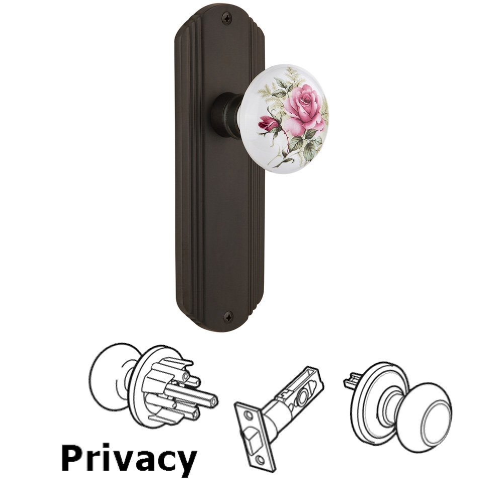 Complete Privacy Set Without Keyhole - Deco Plate with Rose Porcelain Knob in Oil Rubbed Bronze