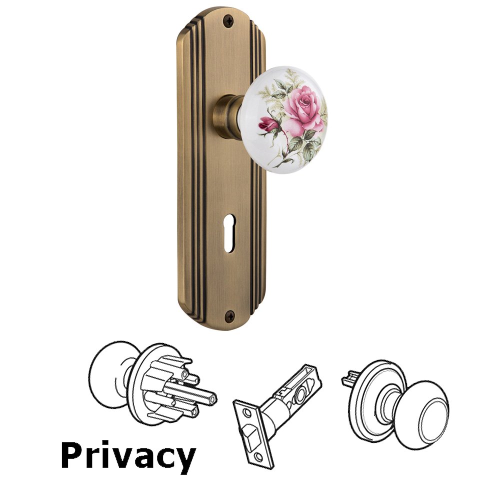 Privacy Deco Plate with Keyhole and White Rose Porcelain Door Knob in Antique Brass