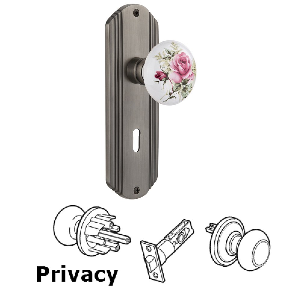 Complete Privacy Set With Keyhole - Deco Plate with Rose Porcelain Knob in Antique Pewter
