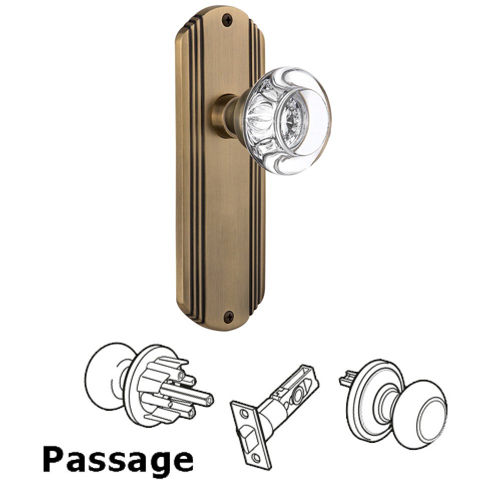Complete Passage Set Without Keyhole - Deco Plate with Round Clear Crystal Knob in Antique Brass