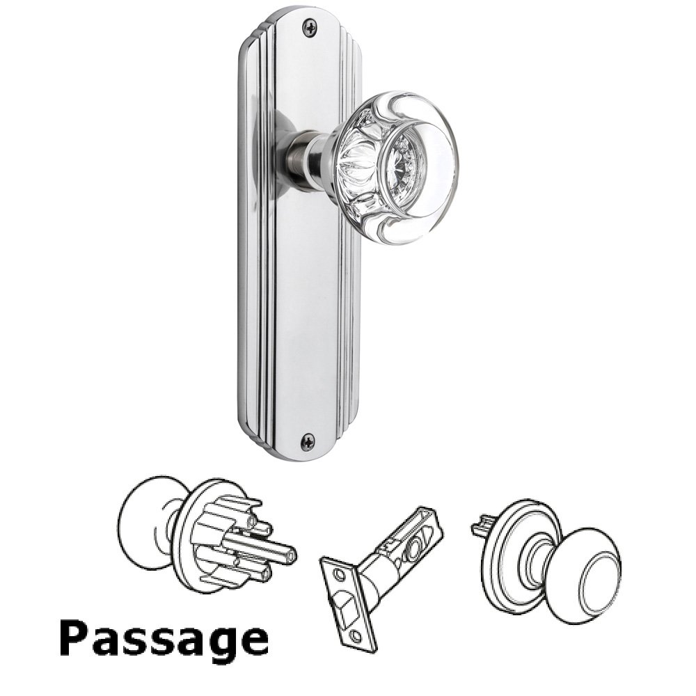 Passage Deco Plate with Round Clear Crystal Glass Door Knob in Bright Chrome