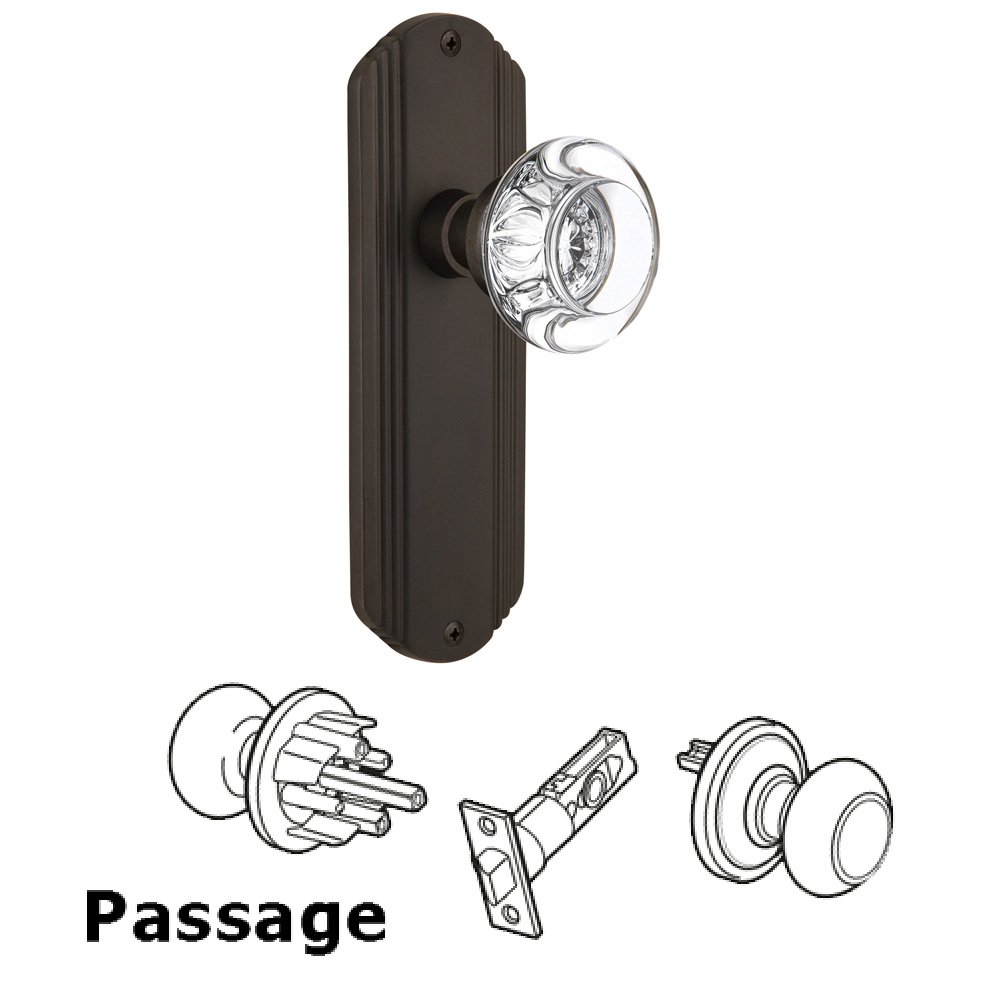Complete Passage Set Without Keyhole - Deco Plate with Round Clear Crystal Knob in Oil Rubbed Bronze