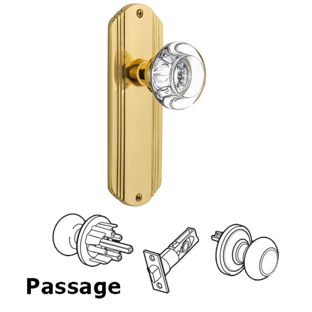 Passage Deco Plate with Round Clear Crystal Glass Door Knob in Polished Brass