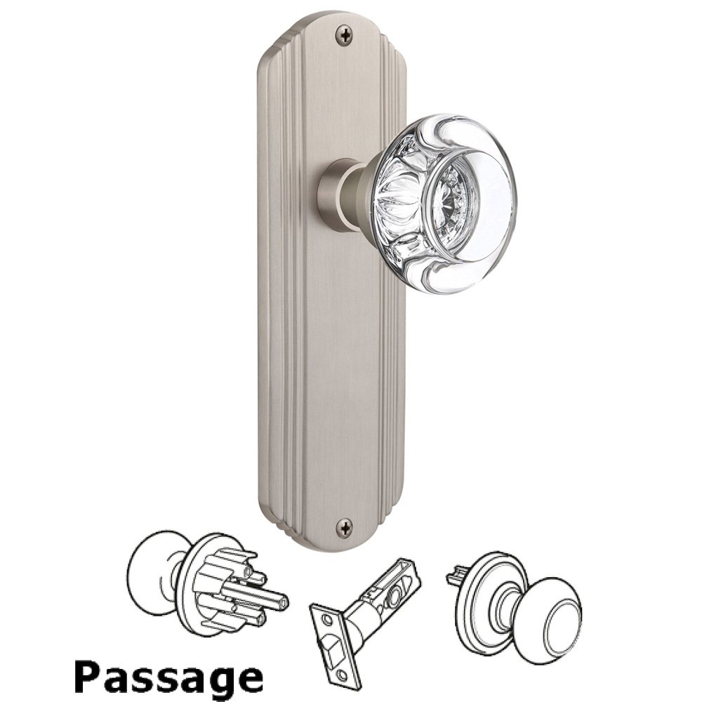 Passage Deco Plate with Round Clear Crystal Glass Door Knob in Satin Nickel