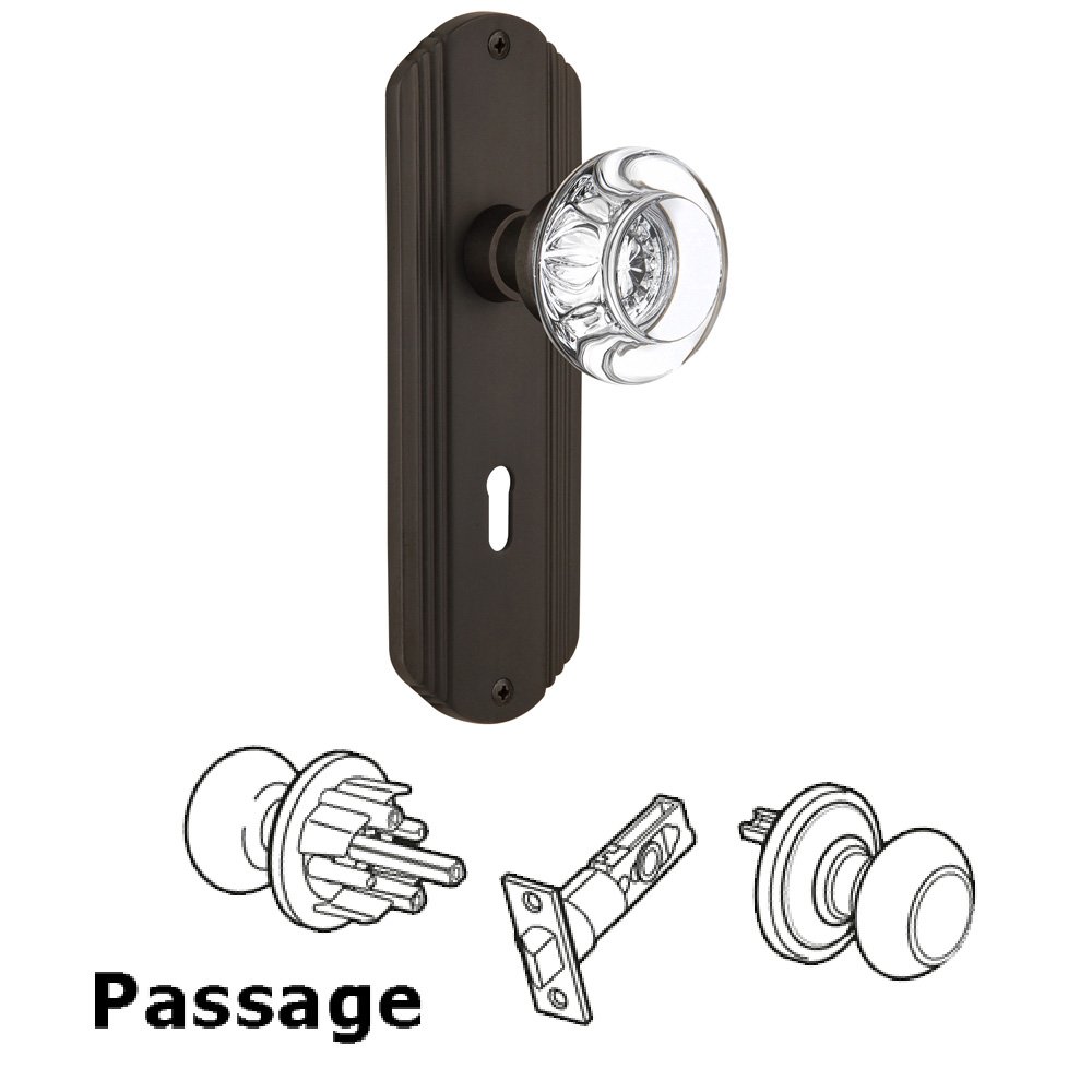 Complete Passage Set With Keyhole - Deco Plate with Round Clear Crystal Knob in Oil Rubbed Bronze