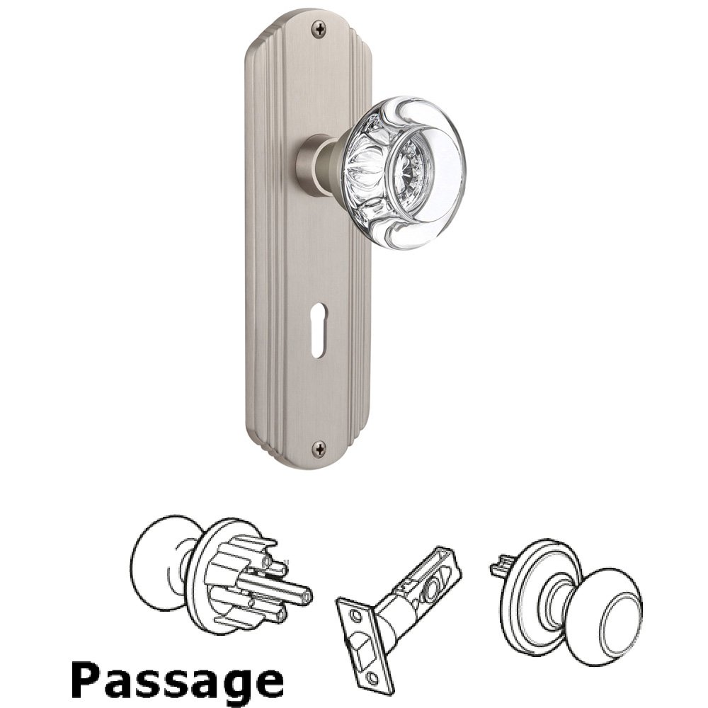 Complete Passage Set With Keyhole - Deco Plate with Round Clear Crystal Knob in Satin Nickel