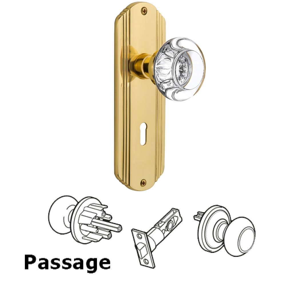 Passage Deco Plate with Keyhole and Round Clear Crystal Glass Door Knob in Unlacquered Brass
