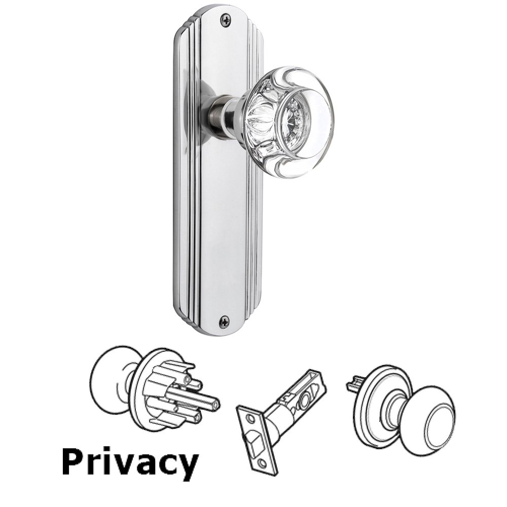 Complete Privacy Set Without Keyhole - Deco Plate with Round Clear Crystal Knob in Bright Chrome