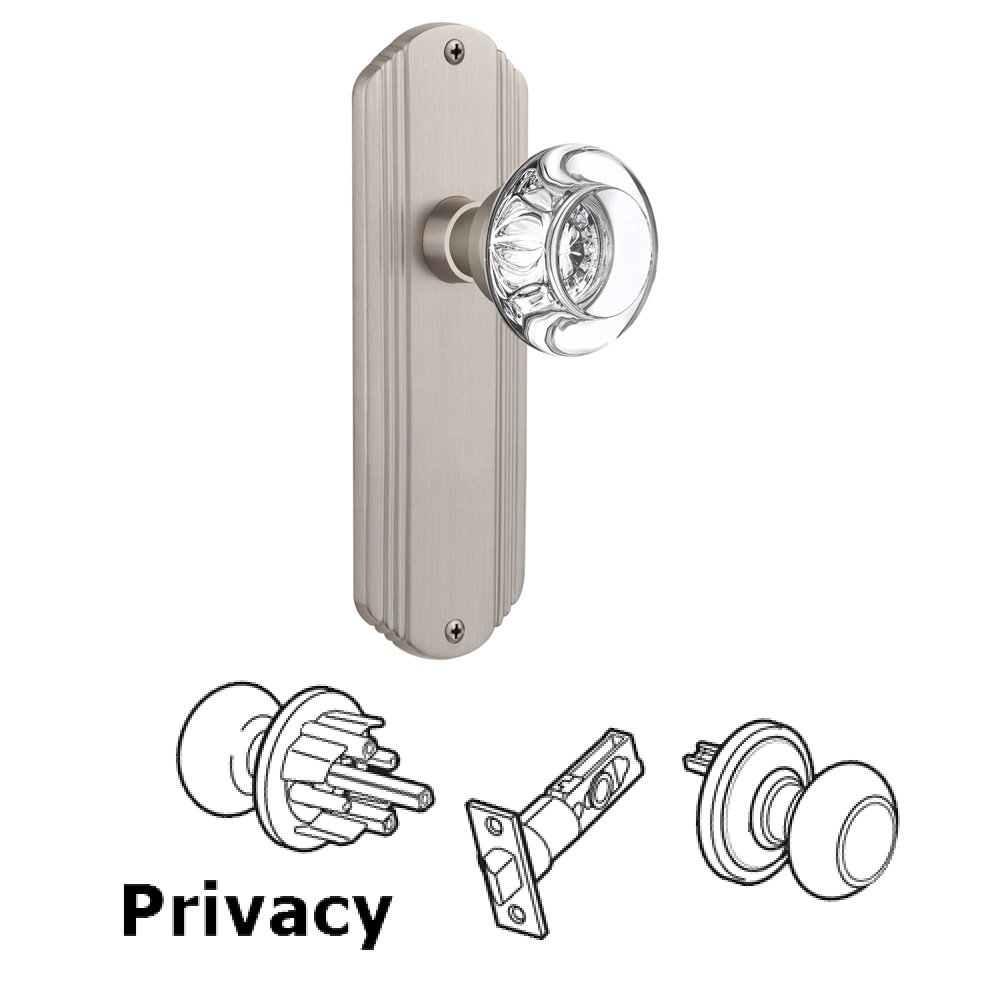 Privacy Deco Plate with Round Clear Crystal Glass Door Knob in Satin Nickel