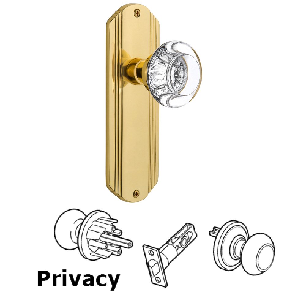Privacy Deco Plate with Round Clear Crystal Glass Door Knob in Unlacquered Brass