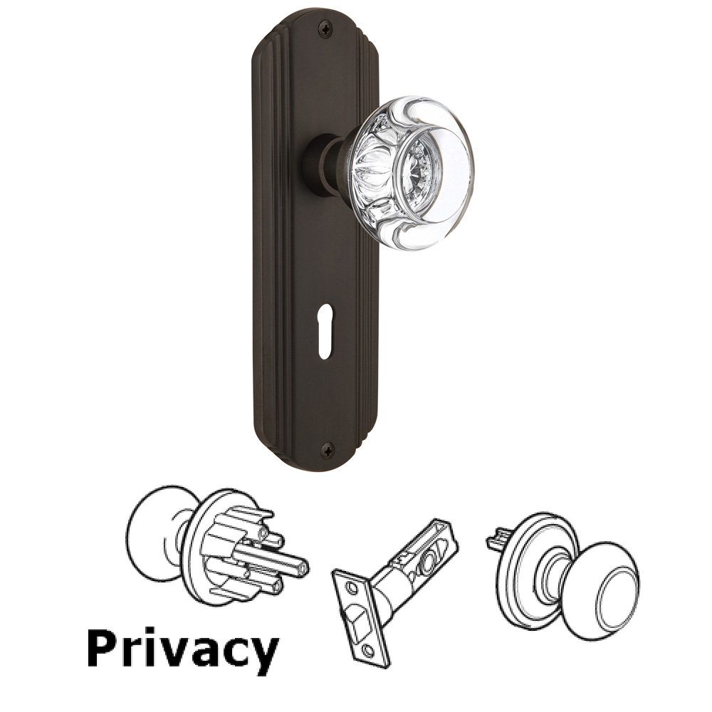 Privacy Deco Plate with Keyhole and Round Clear Crystal Glass Door Knob in Oil-Rubbed Bronze