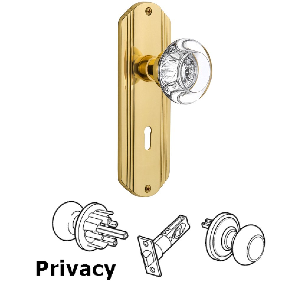 Privacy Deco Plate with Keyhole and Round Clear Crystal Glass Door Knob in Unlacquered Brass