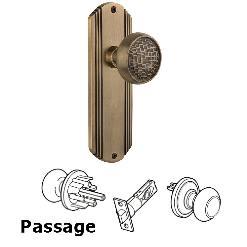 Complete Passage Set Without Keyhole - Deco Plate with Craftsman Knob in Antique Brass
