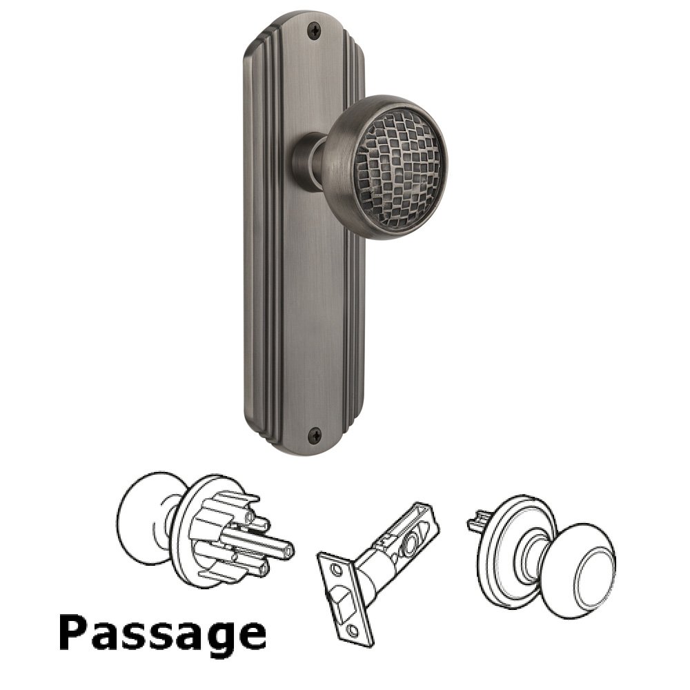 Complete Passage Set Without Keyhole - Deco Plate with Craftsman Knob in Antique Pewter