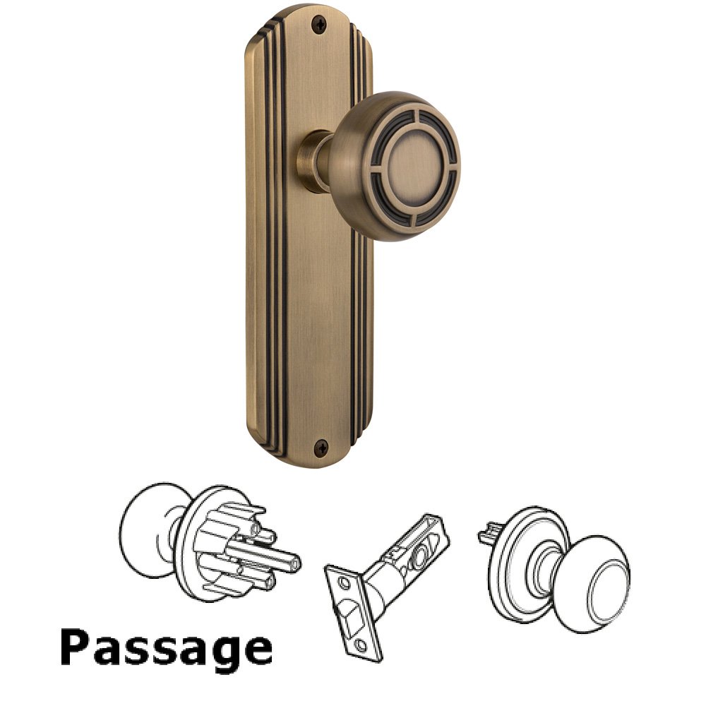 Complete Passage Set Without Keyhole - Deco Plate with Mission Knob in Antique Brass