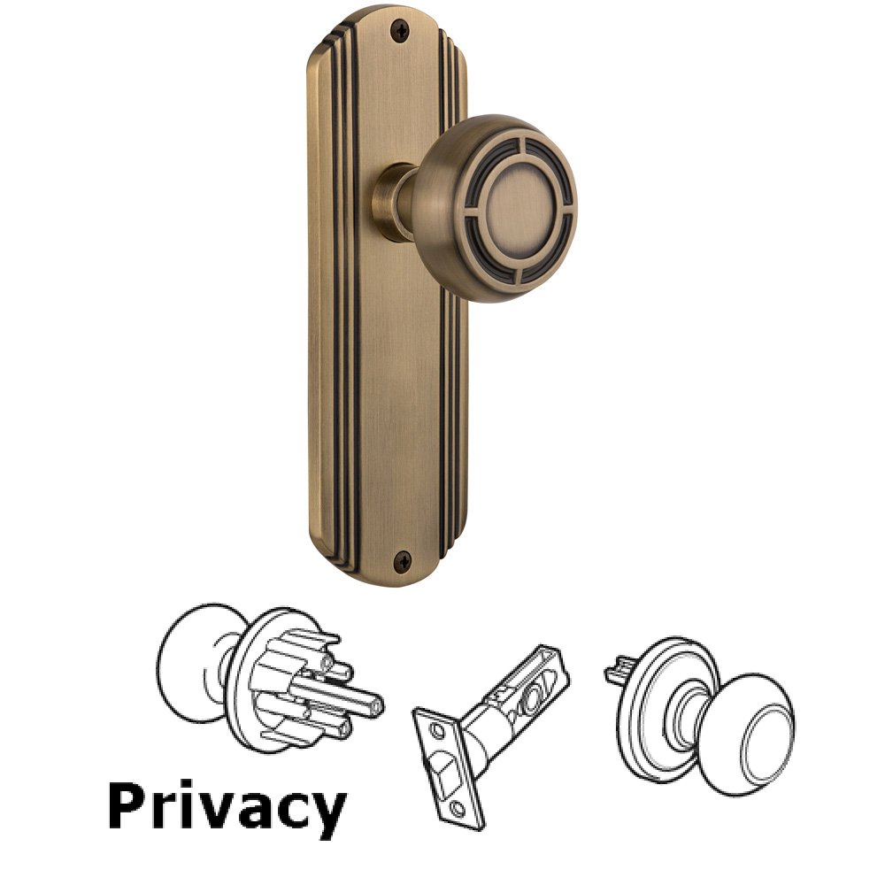 Complete Privacy Set Without Keyhole - Deco Plate with Mission Knob in Antique Brass