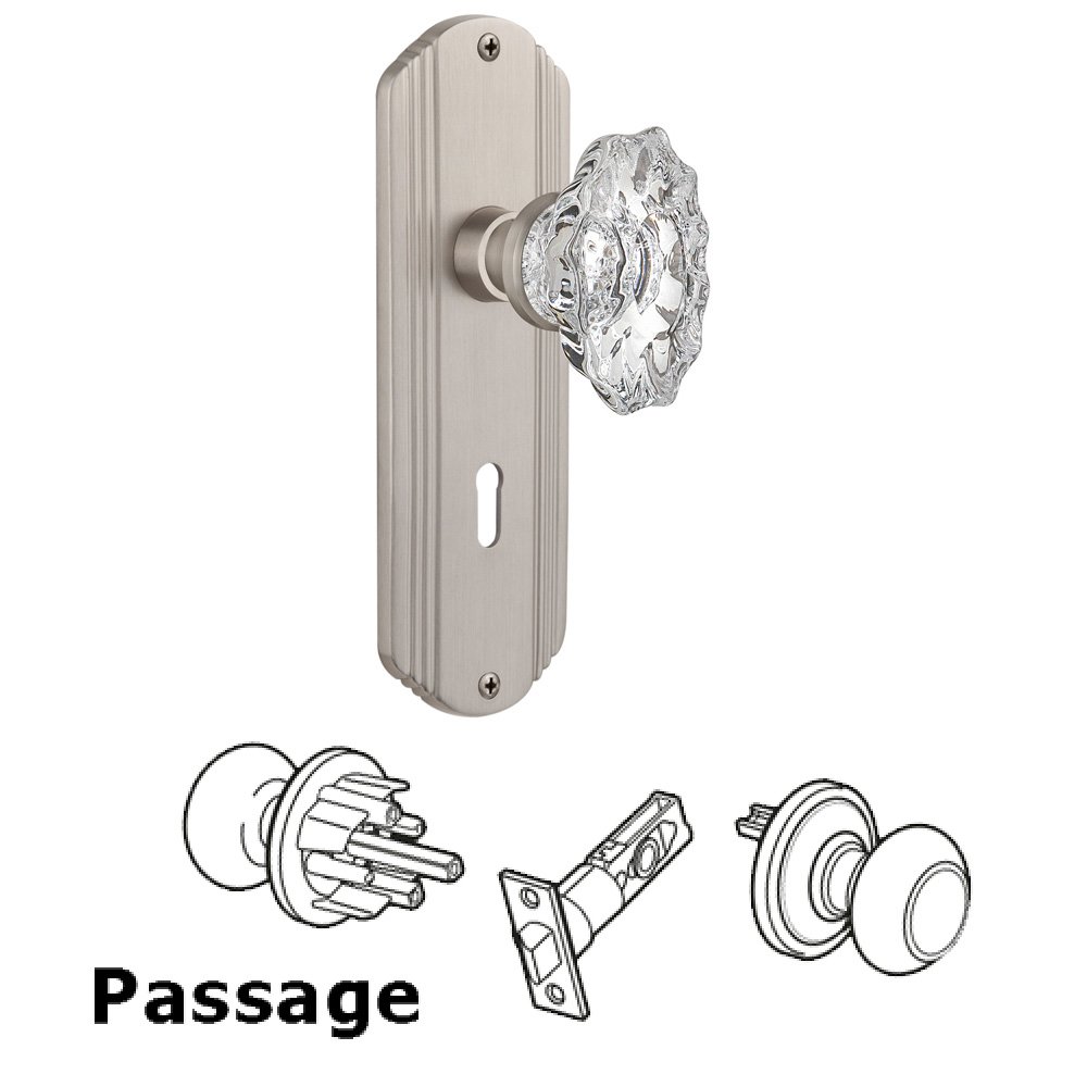 Complete Passage Set With Keyhole - Deco Plate with Chateau Knob in Satin Nickel