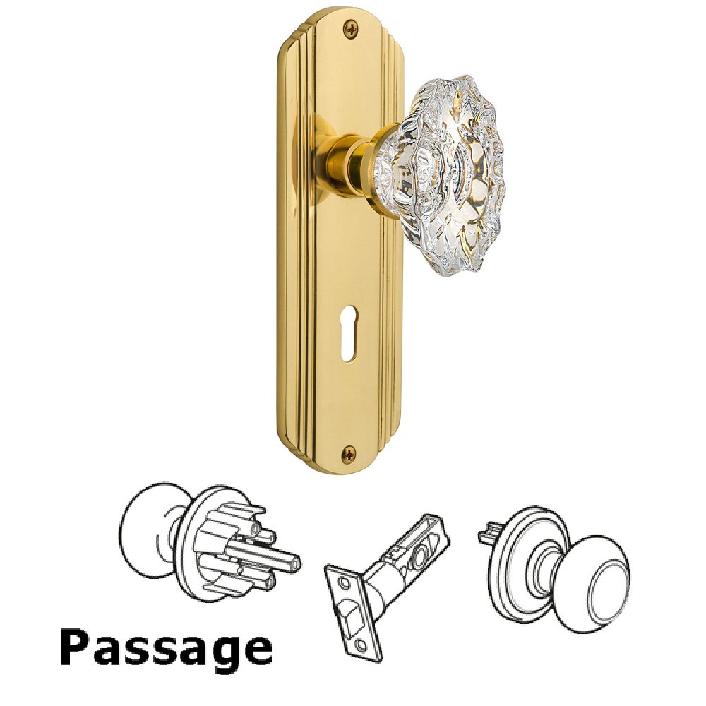 Complete Passage Set With Keyhole - Deco Plate with Chateau Knob in Unlacquered Brass