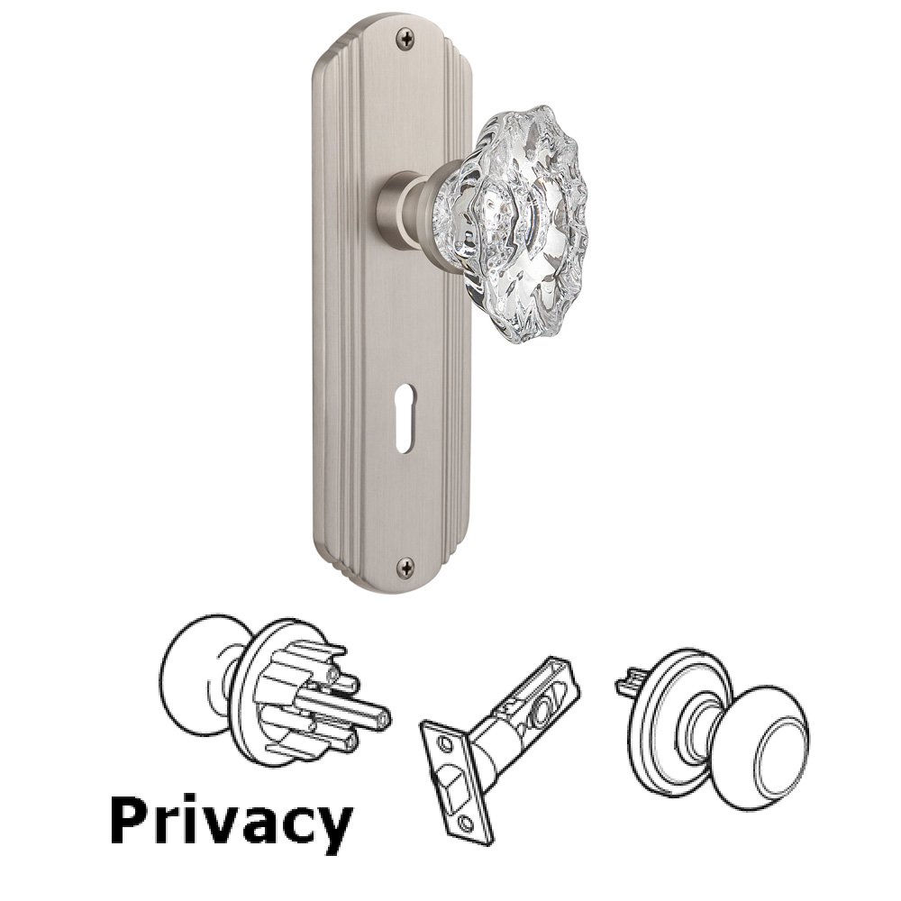 Complete Privacy Set With Keyhole - Deco Plate with Chateau Knob in Satin Nickel